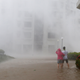 High waves hit the shore in Hong Kong’s Heng Fa Chuen district on Sunday.